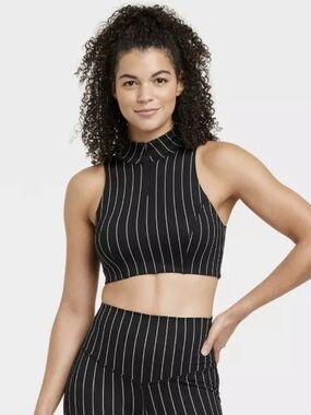 JoyLab Black Pinstripe High-Neck Crop Top
